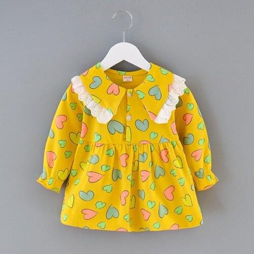 Baby Girls Dresses Kids Clothes Long Sleeve Autumn Fall Outfits Children Loveheart Printed Lace Splicing Party Princess Dress