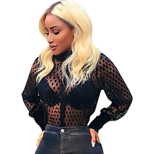 Sexy Polka Dot Blouses for Women Autumn Turn-down Collar Long Sleeve Tops Sheer Black Office Work Blouse Shirt Night Out Blouse