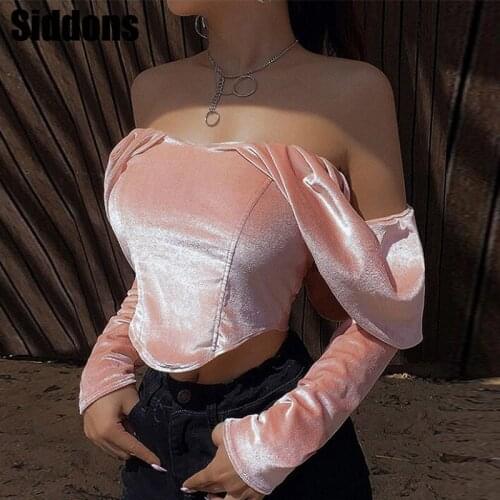 Sexy Off Shoulder Solid Blouse Women Corduroy Strapless Blackless Slim Long Sleeve Crop Tops