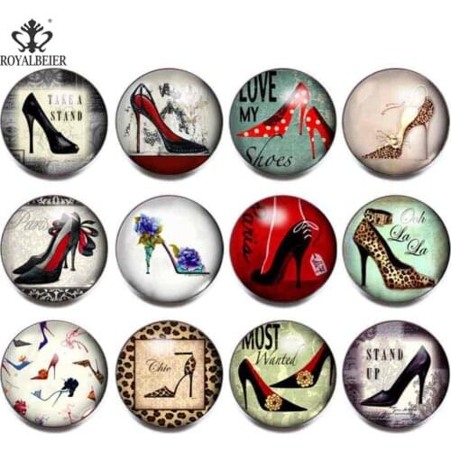 RoyalBeier 12Pcs/lot High Heels and Cat Snap Button Glass Copper Snap Button For 18/20mm Snap Bracelet Necklace Snap Jewelry