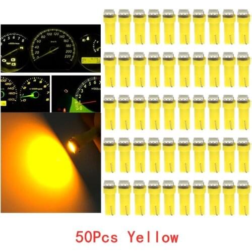 50Pcs T5 5050 1SMD 12V Yellow Blubs Wedge Dashboard LED Lights Bulbs Car Lnstrument Indicator AC Lamp Auto Interior Accessories