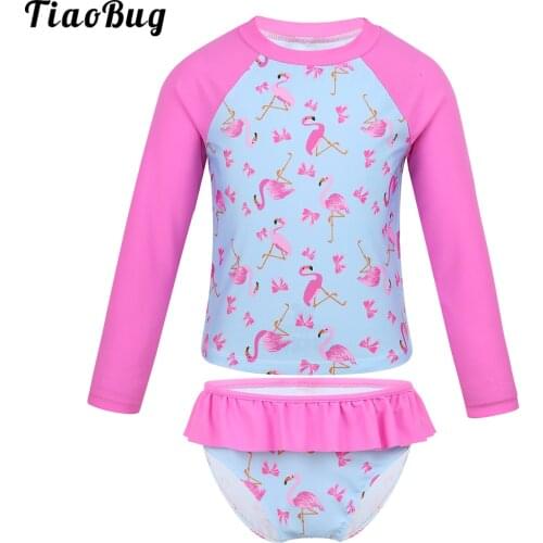 TiaoBug Kids Girls Tankini Long Sleeves Cartoon Printed Rashguard Swimsuit Swimwear Bathing Suit Set Tops With Ruffled Bottoms