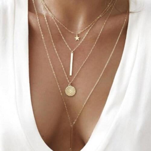 TIMEONLY Multi Layer Coin Pendant Necklace Golden Star Stick Alloy Small Link Hollow Chain Necklaces for Women Elegant Jewelry