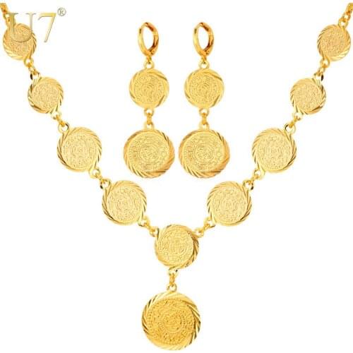 U7 Ethiopian Jewelry Dubai Gold Color Jewelry Set For Women Gift Antique Coin Earrings Necklace Set Wholesale S674