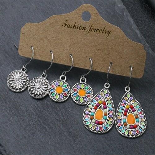3Pairs Vintage Boho India Ethnic Water Drip Hanging Dangle Drop Earrings for Women Female Wedding Party Jewelry Accessories