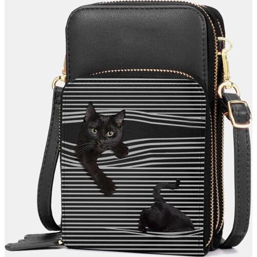 Women Shoulder Bag Cute Cat Stripes Pattern Crossbody Cell Phone Bag 4.7-6.3 Inch Mini Wallet Card Holder Handbag Shopping Bags