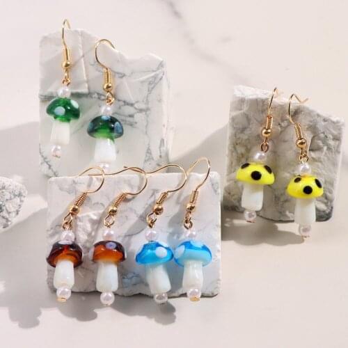 4 Pair 2021 New Colorful Cute Mushroom Dangle Earring For Women Simulated Pearl Simple Sweet Earrings Set Y2K Girls Boho Jewelry