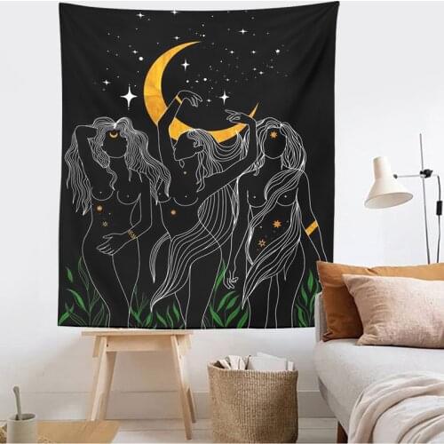 Boho Decor Moon Woman Tapestry Wall Hanging Psychedelic Art Tapestries Simple Line Wall Cloth Psychedelic Women Yoga Carpet
