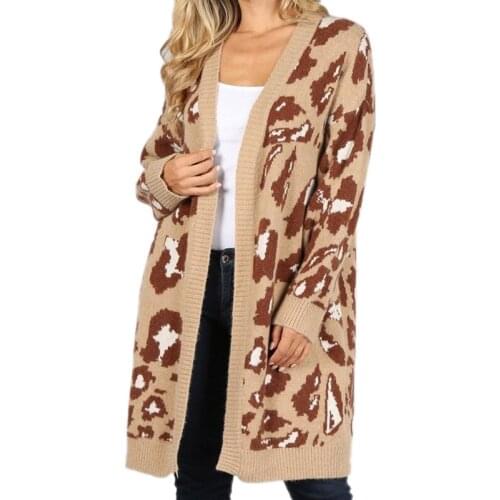 Women Mid-long Cardigans 2021 Fall V-Neck Long Loose Leopard Printed Open Stitch Women Sweater Cardigans Free Knit