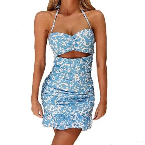 Tie Dye Mini Dress Female Cut Out Tie Up Back Ruffle Halter Dresses