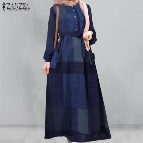 Women Muslim Dubai Turkey Abaya Hijab Dress ZANZEA Summer Vintage Plaid Checked Long Sleeve Maxi Long Sundress Robe Femme Caftan