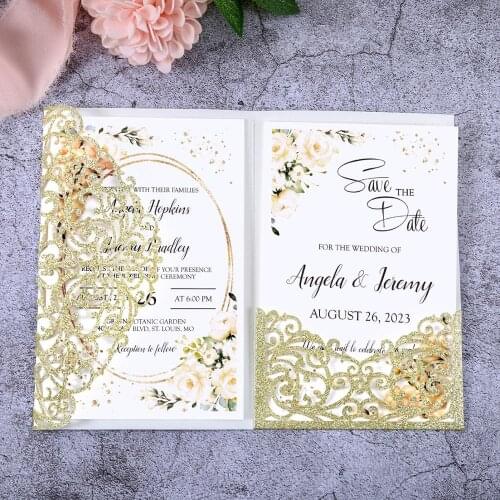 100pcs Gold Color Elegant Flower Laser Cut Wedding Cards Glitter Shining Invitation Pocket for Wedding with Envelope