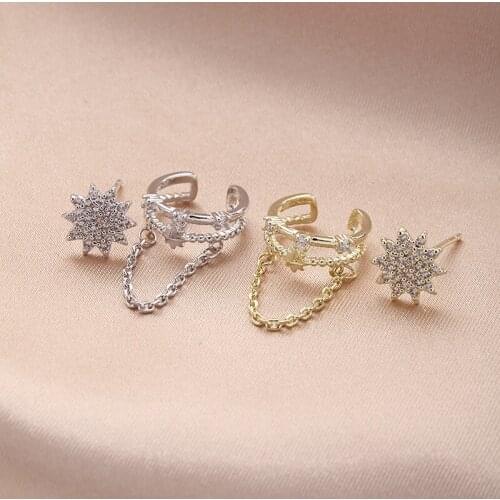 2021 Korean Fashion Star Cubic Zirconia Chain Ear Cuff Stud Earrings Asymmetry Trendy Rhinestone Clip on Earring for Women Girls