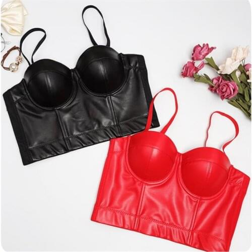 2021 New Sexy Red PU Leather Bras Push Up Bustier Ladies Night Club Party Tank Tops For Women Fashion Punk Underwear Y877