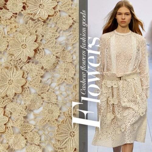 Apricot 3D flower laces filament fabrics water-soluble lace core dress fabric heavy hollow 3D embroidery fabric golden Laces