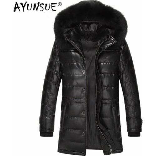 AYUNSUE Mens Sheepskin Coat Genuine Leather Winter Duck Down Jacket Men Fox Fur Collar Hooded Long Coat Men Jacket 15L1568YY303