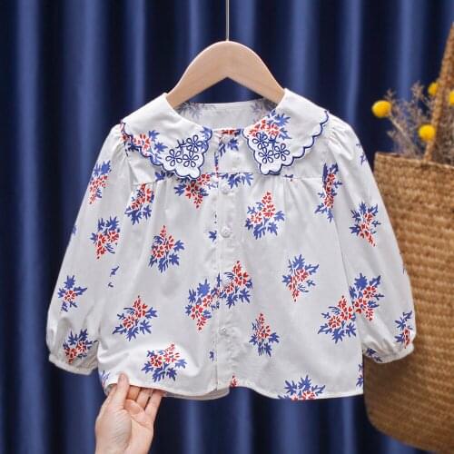 Toddler Girls Blouse Flowers Print Embroidery Spring Children Clothing Fashion Infant Baby Kids Shirt Lace Tops Peter Pan Collar