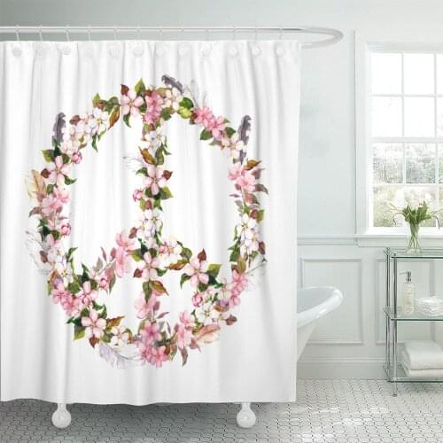 Boho Peace Sign Pink Flowers and Feathers Watercolor Shower Curtain Waterproof 60 x 72 Inches Set with Hooks