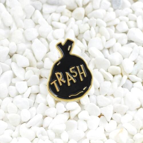 Black tote bag garbage bag golden border "TRASH" typeface image Enamel brooch Eco bag creative Denim backpack lapel badge