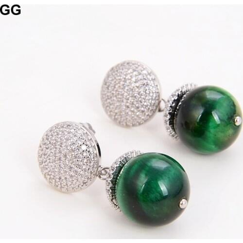 GuaiGuai Jewelry 14mm Round Green Tiger Eye Cz Pave Earrings For Women