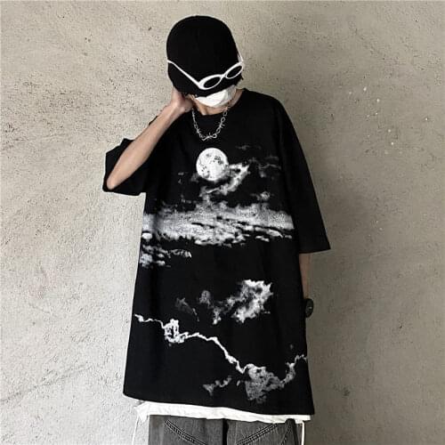 High street ins trend blast street dark cloud moon print short-sleeved t-shirt mens large size loose-fitting bottoms