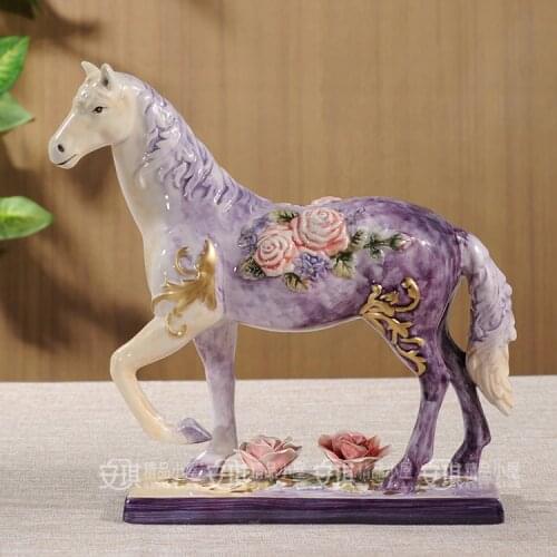 CERAMIC PURPLE ROSE HORSE STATUE HOME DECORATION ACCESSORIES CRAFTS ROOM DECORATION ORNAMENT GARDEN PORCELAIN ANIMAL SCULPTURE