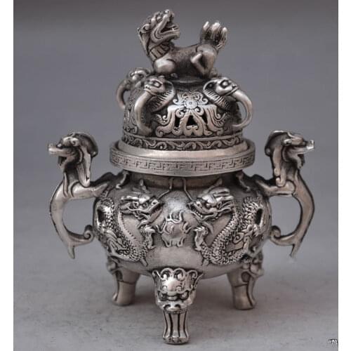 Chinese buddhist manual old silver copper dragon lion statues incense burner decoration metal handicraft