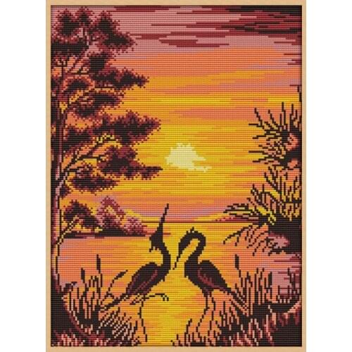 The Crane Shadow in Sunset Floss 11CT Patterns Painting Needlework Diy Dmc Cross Stitch Scenery Home Decor Canvas For Embroidery