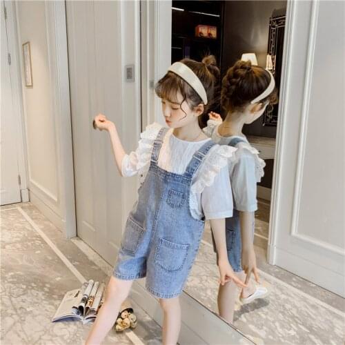 Summer Toddler Baby Girls Kids Clothes Sweet Lace Shirt Denim Romper Jumpsuit Overalls Shorts Outfits Children Clothes 4-13Yrs