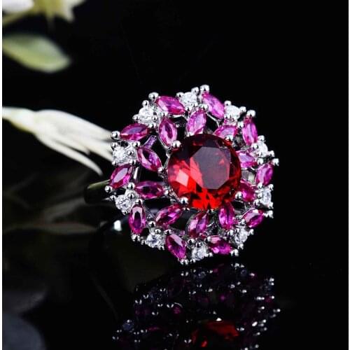 QTT Fashion Female Flower Crystal Jewelry Classic Silver Color Engagement Rings For Women Luxury Red Round Zircon Wedding Ring