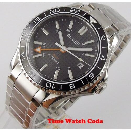 41mm BLIGER Mens Wristwatch With Automatic GMT Movement Ceramic bezel Date Window Sapphire Glass black dial luminous hands