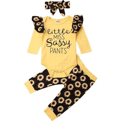 New 3Pcs Infant Baby Kid Girls Sunflower Romper Pants Headband Cotton Autumn Clothes Sets