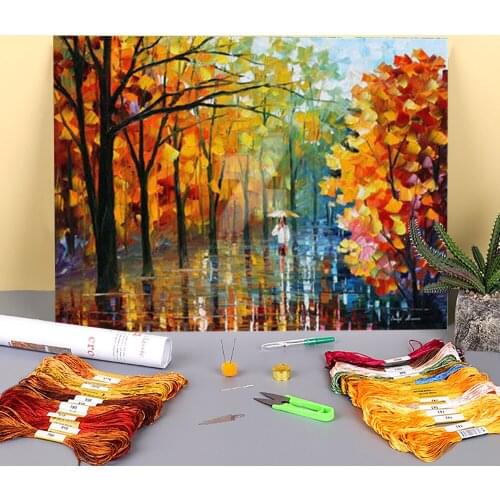 Fall Alley Pre-Printed 11CT Cross-Stitch Set Embroidery DMC Threads Sewing Handmade Craft Needlework Package Jewelry