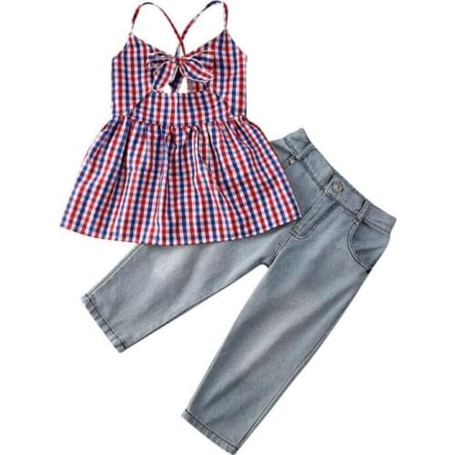 2-7Y Toddler Baby Girls Plaid Outfits Clothes Sets Plaid Print Sleeveless Tops Vest+Jeans Denim Pants 2PCS Set