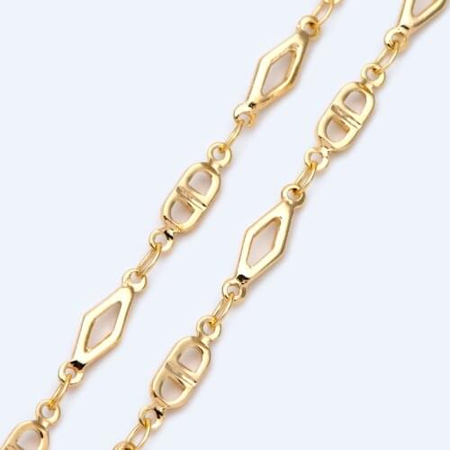 Gold plated Brass Rhombus and Mariner Link Chain, 18K Gold plated Brass Chains (#LK-398)/ 1 Meter=3.3 ft