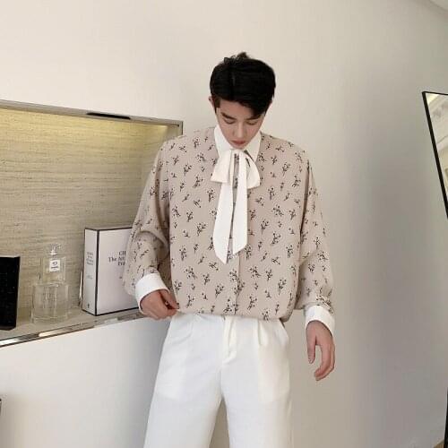 2021 New Men Bow Tie Long Sleeve Vintage Casual Loose Shirts Japan Korea Style Male Flower Print Dress Shirts Stage Clothes