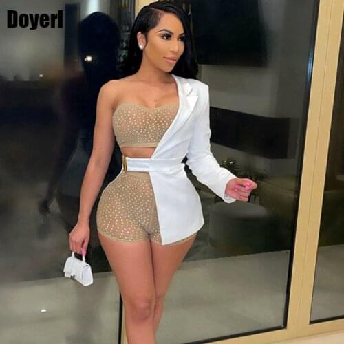 Sexy Two Piece Sets Club Outfits for Women Festival Clothing Rhinestone Blazer Top and Shorts Set Birthday 2 Piece Matching Set