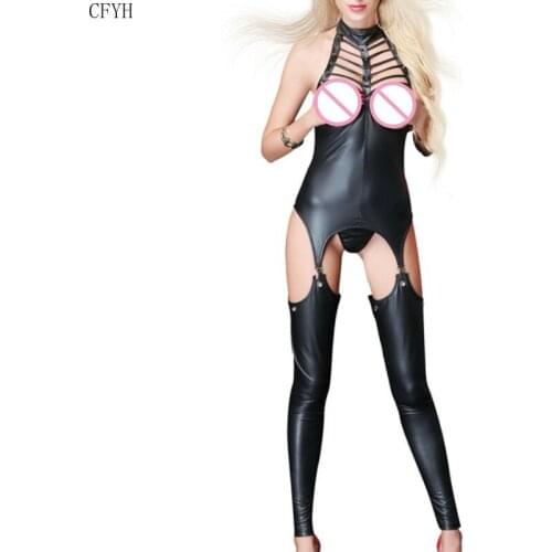 Sexy Lingerie Women Latex Bodysuit PVC Catsuit Open Crotch Costumes Lingerie Sexy Open Hips Plus Size Clubwear