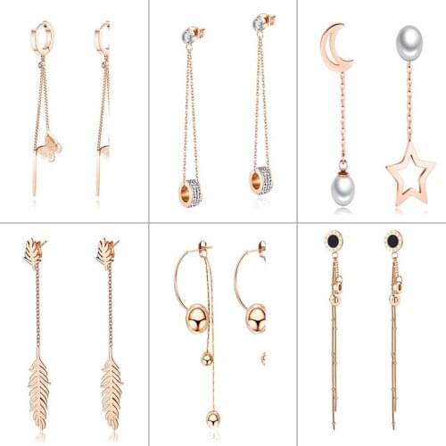 Fashion Europe America Style Stainless Steel Long Earrings For Women 2021 Rose Gold Tassel Set Zircon Ear Stud Eardrop Jewelry
