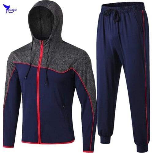2020 Spring 2 Pieces Running Set with Pocket Mens Quick Dry Sport Suits Elastic Sportswear Gym Fitness Jogging Hooded Tracksuit