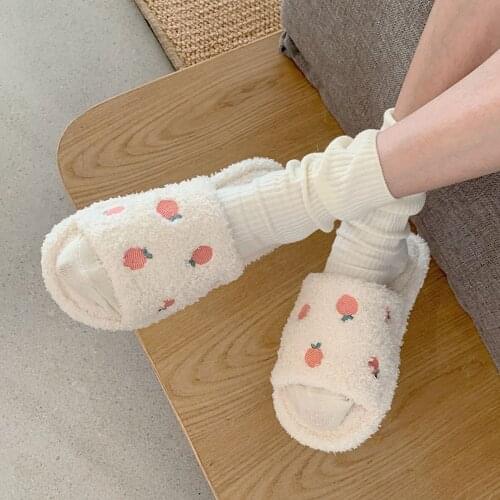 Women Winter Warm Cute Fluffy House Slippers Girls Faux Fur Slides Shoes Female Home Soft Slippers Fruit Print Winter Slippers