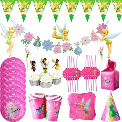 Happy Birthday Party Supplies Tinker Bell Theme Baby Shower Disposable Tableware Banners Cups Plates Straws Napkins Table Cover