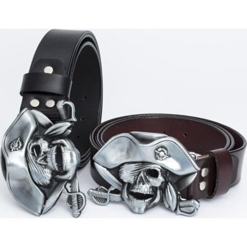 Western cowboy punk real cowhide pirate captain zinc alloy belt buckle mens personality casual cowboy leather belt