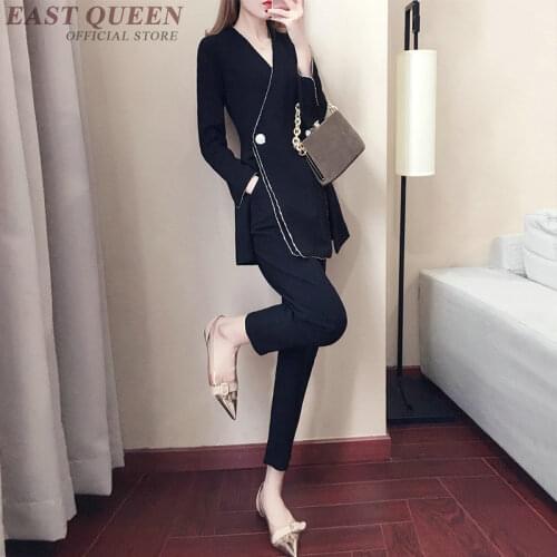 Spring women suits full sleeve deep v-neck elegant formal tops and high waist full-length bottoms pants 2 pieces pants AA3457 F