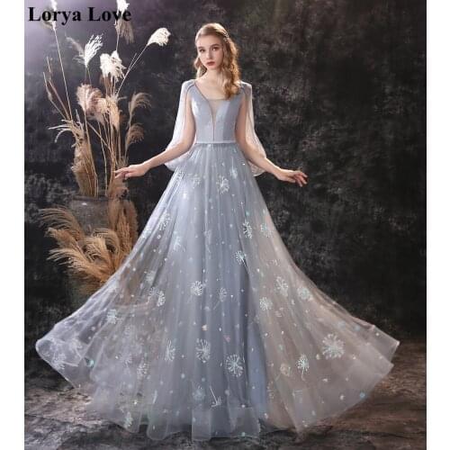 2020 Fashion Gray Prom Dresses Women Formal Party Night Evening Gowns High Quality A-Line Lace Elegant Tulle Long Robe De Soiree