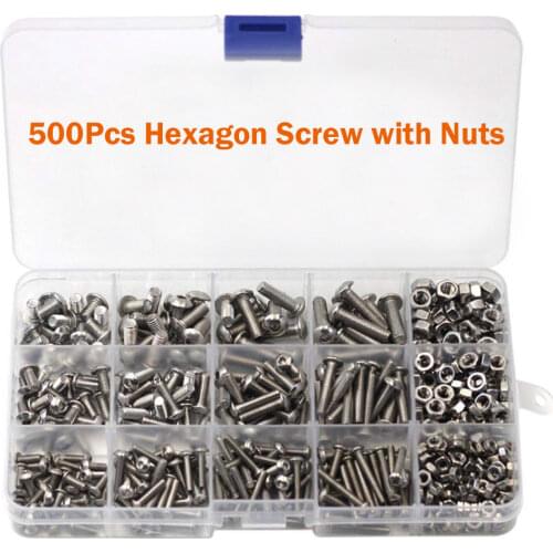 500pcs M3/M4/M5 304 Stainless Steel Hexagon Screw With Nuts for Repair&DIY Furniture Hardware