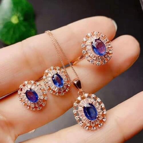 925 Silver Jewelry set Natural Sapphire Pendant Earring Ring sets Women Jewelry