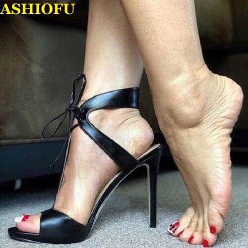 ASHIOFU Handmade Ladies High Heel Sandals Lace-up Party Prom Summer Shoes Daily Wear Casual Fashion Sandals Shoes