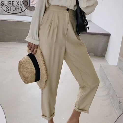 Women Pants Solid Casual Fashion High Waist White Harem Pants 2021 Summer New Cotton and Linen Ladies Loose Trousers Pants 9758