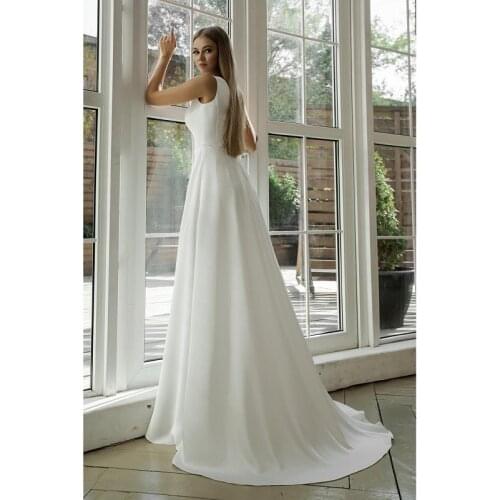 Ivory Satin V-Neck Sleeveless Floor-Length A-Line Wedding Dresses Sweep/Brush Train Custom Made Bridal Gowns